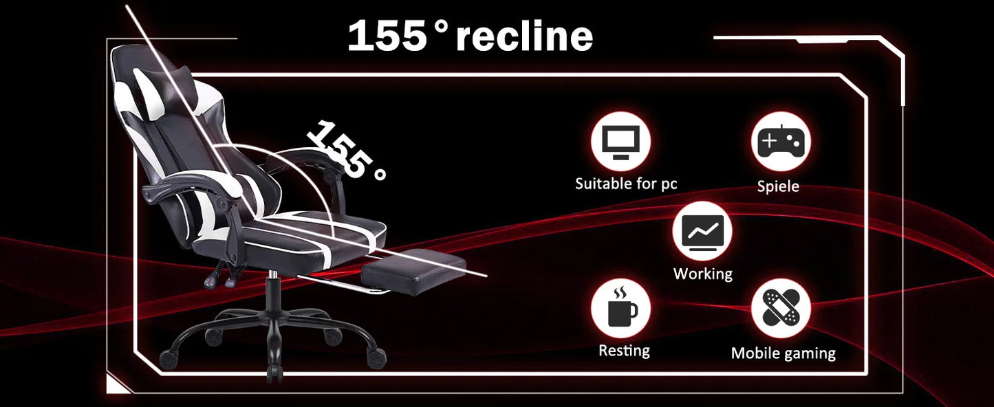 Ergonomischer Gaming-Stuhl mit Fuß stütze, Videospiel stuhl mit hoher Rückenlehne, Computers tuhl, Bürostuhl mit Kopfstütze und Lendenwirbel säule, PU-Leath