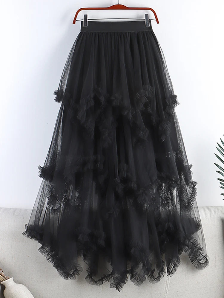 Autumn Winter New 2025 Irregular Cake Tulle Skirt Women Sweet Midi Long High Waist A Line Skirt Female Mesh Party Skirt Lady.