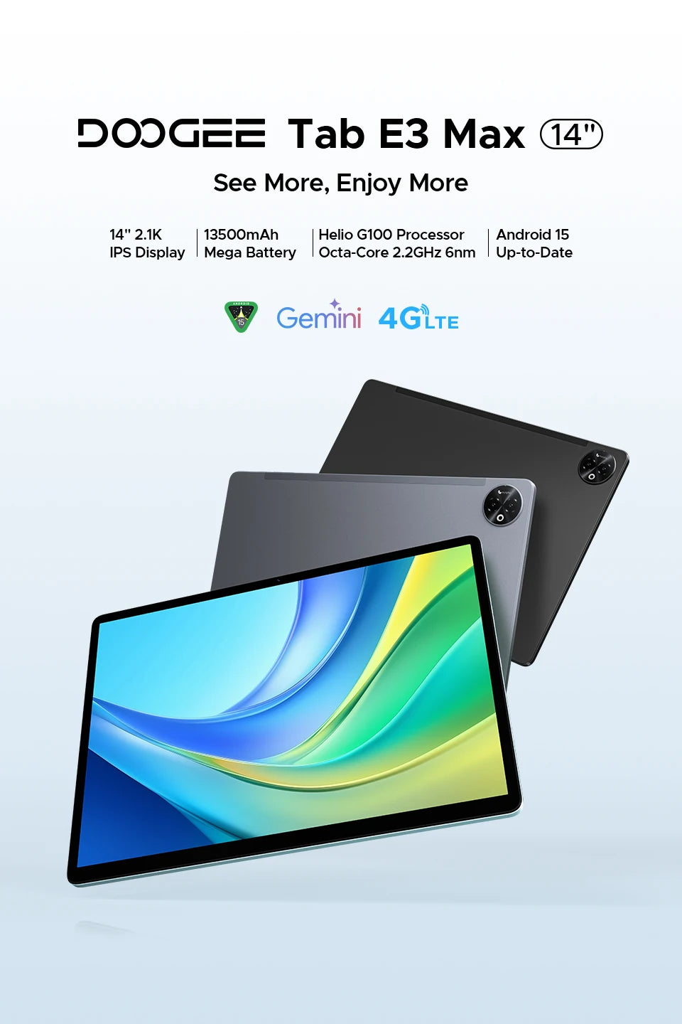 Doogee Tab E3 Max 2 in 1 Tablet Pc 14" 2.1K Display Android 15 32Gb (8+24) 256Gb 13500Mah Battery Qual Speaker Helio G100 Tablet.