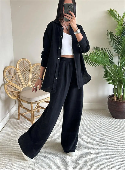 Casual Loose Shirt And Pants Two Piece Sets Women Fashion Solid Long Sleeve Shirts Outfits Autumn Winter Wide Leg Pants Sets.
