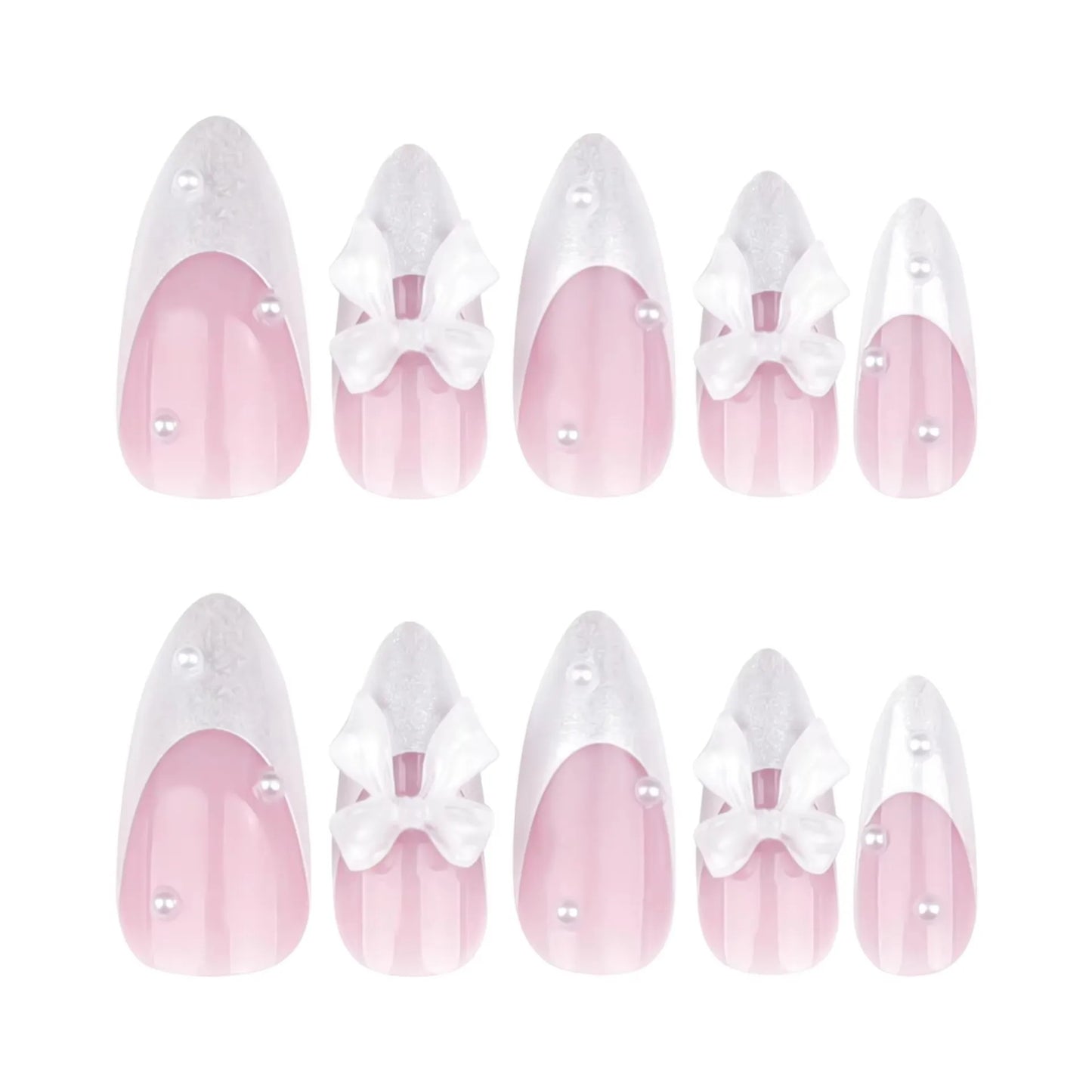 White Glitter Powder Bowknot Long Pointed Fake Nails Art Ballet False Nail Cow Print Pearl Rhinestone Pink Almond Press on Nails.