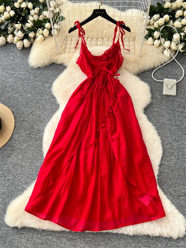 SINGREINY 2025, süßes Sommerkleid für Damen, Spaghettiträger, plissiert, 3D-Blumenmuster, schickes Sommerkleid, Fairycore, unregelmäßiges Kleid