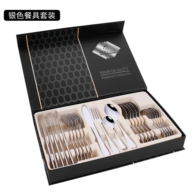24pcs Golden Tableware Set Light Luxury Stainless Steel Cutlery Fork Knife Spoon Dinnerware Set Minimalist Decor with Gift Box