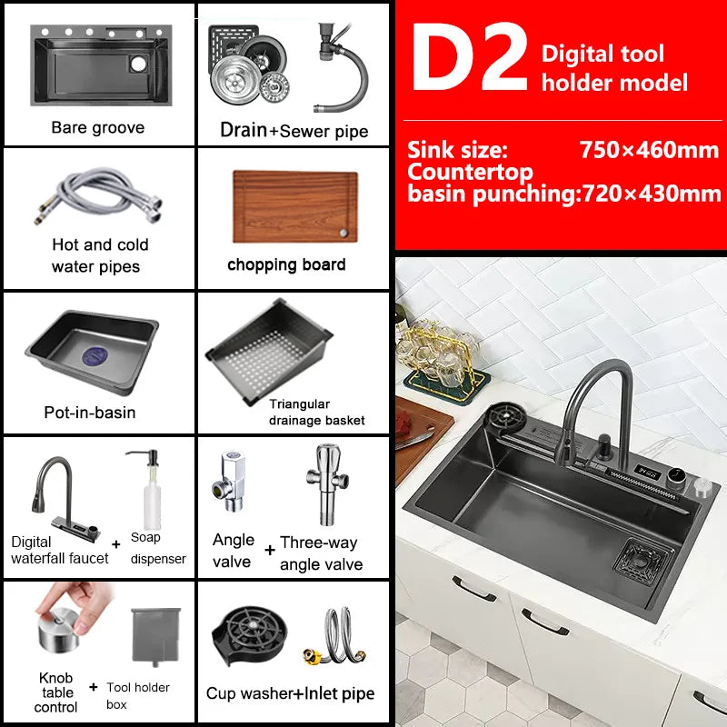 Waterfall Sink Kitchen Stainless Steel Topmount Sink Large Single Slot Wash Basin With Multifunction Touch Waterfall Faucet