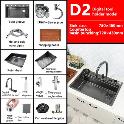 Waterfall Sink Kitchen Stainless Steel Topmount Sink Large Single Slot Wash Basin With Multifunction Touch Waterfall Faucet