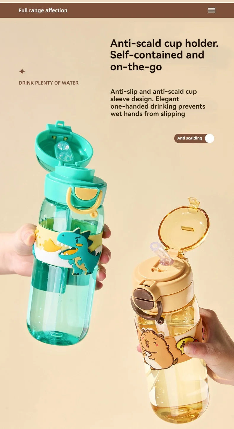 600ml School Girls Cute Water Bottle with Straw for Kids Chilrdren Sports Outdoor Cup.