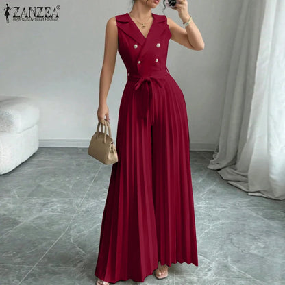 Fashion Women Jumpsuits 2025 ZANZEA Summer Rompers Elegant Wide Leg Work OL Overalls V Neck Sleeveless Pleated Playsuit Trousers.