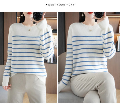 Herbst Winter neue Frauen O-Ausschnitt Farbe Streifen Pullover Wolle Mischung Mode weichen warmen Pullover Kaschmir lose lässig Strick Base Top