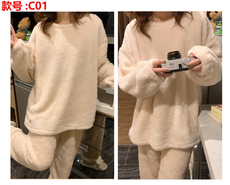 Winter Fleece Women Pajamas Set  Sleepwear Solid Velvet 2 Piece Pant Home Suit Fluffy Casual Warm Flannel Night Wear.