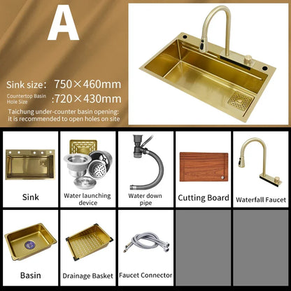 Waterfall Kitchen Sink Gold 304 Stainless Steel Modern Multifuctional Large Sink  Above Counter Apron Front Installation