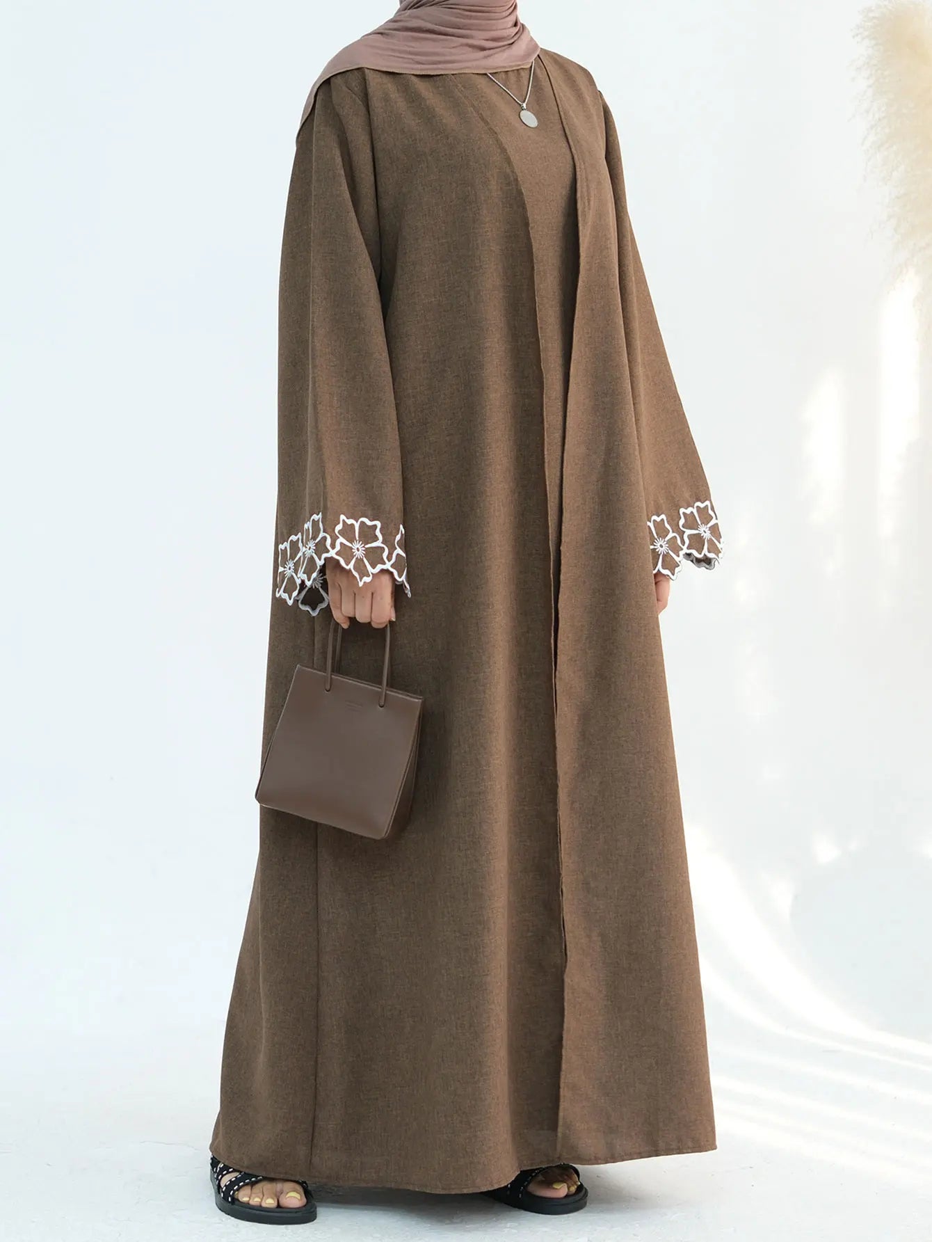 Chic Coffee Color Outer Piece Abaya Geometric Cuff Embroidery Ideal Modern Muslim Women Suitable for Daily/Semi formal Occasion.