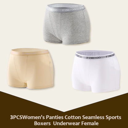 3Pcs Women's Panties Cotton Seamless Sports Boxers Underwear Female Solid Color Briefs Lingerie Intimate Underpant Finetoo S-XXL
