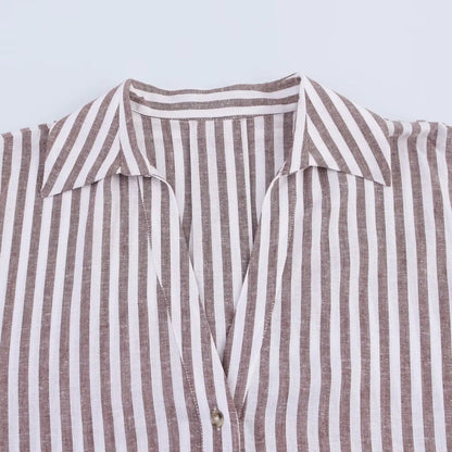 Summer Women's Curled Wide Sleeves Linen Blended Striped Asymmetric Casual Shirt Versatile Collar Linen Blended Printed Shirt.