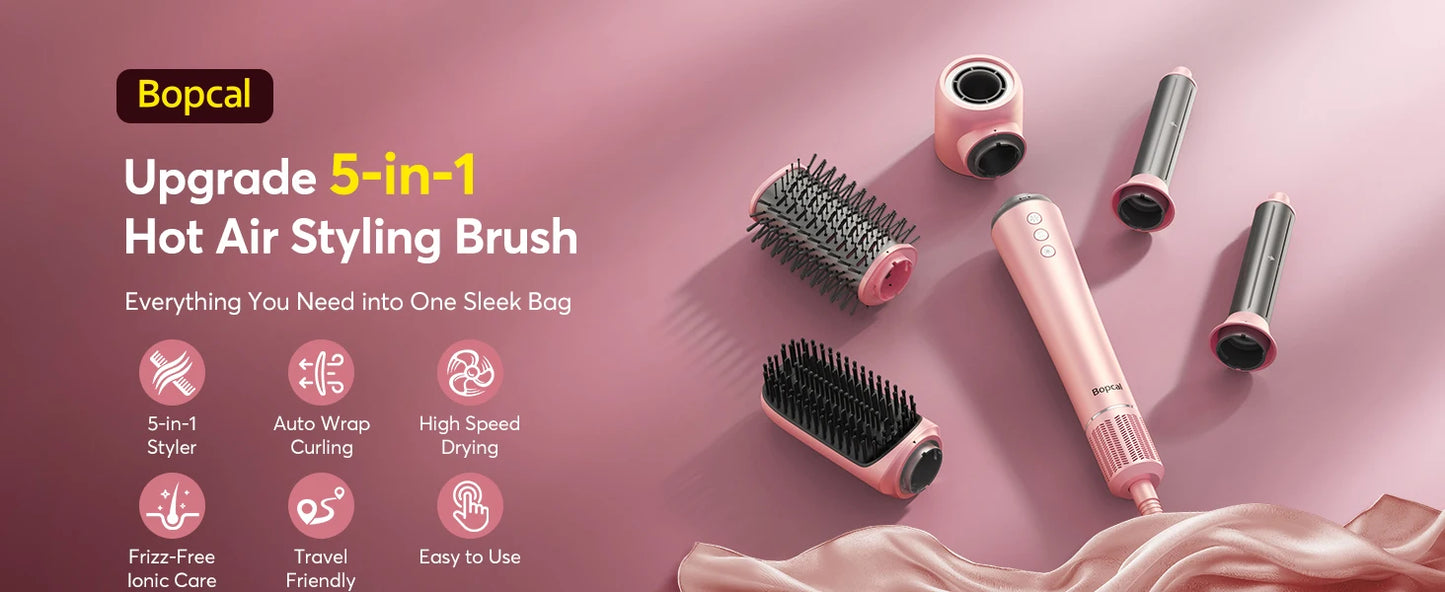 5 in 1 High-Speed Hot Air Styler Frizz-Free Fast Drying No Heat Damage Hair Dryer Curl Volumize Straighten with Travel Bag.