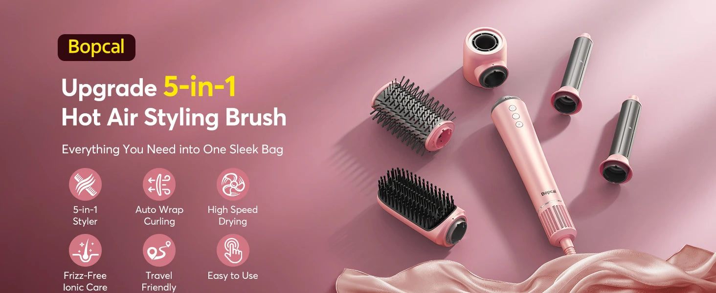 5 in 1 High-Speed Hot Air Styler Frizz-Free Fast Drying No Heat Damage Hair Dryer Curl Volumize Straighten with Travel Bag.