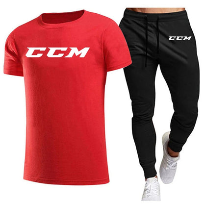 CCM New Men's Tracksuits summer men's sets fitness wear short-sleeved T-shirts+trousers set cotton brand Men's clothing.