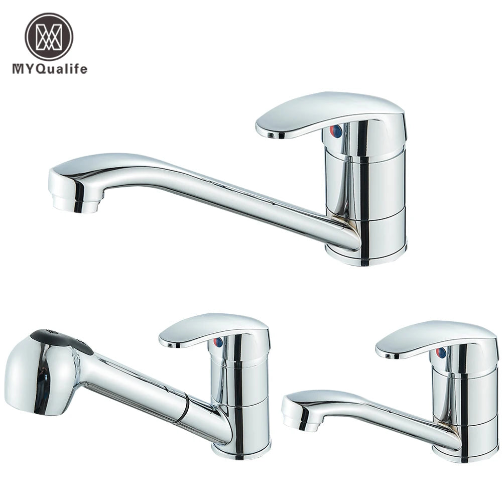 Kitchen Faucets Chrome Deck Mount Bathroom Basin Faucets Single Handle Single Hole Hot and Cold Water