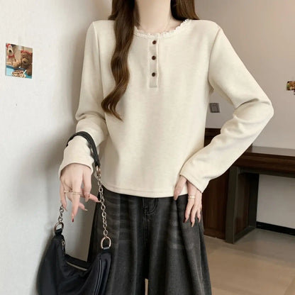 New Autumn and Winter Half-open Lace Front Shoulder Long-sleeved T-shirt Plus Velvet Warm German Velvet Women's Top.