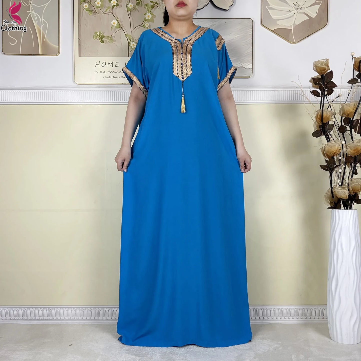 2025 Muslim Caftan Short Sleeve Dress Solid Cotton Summer Abaya African Traditional Dresses Islam for Women Casual Clothing.