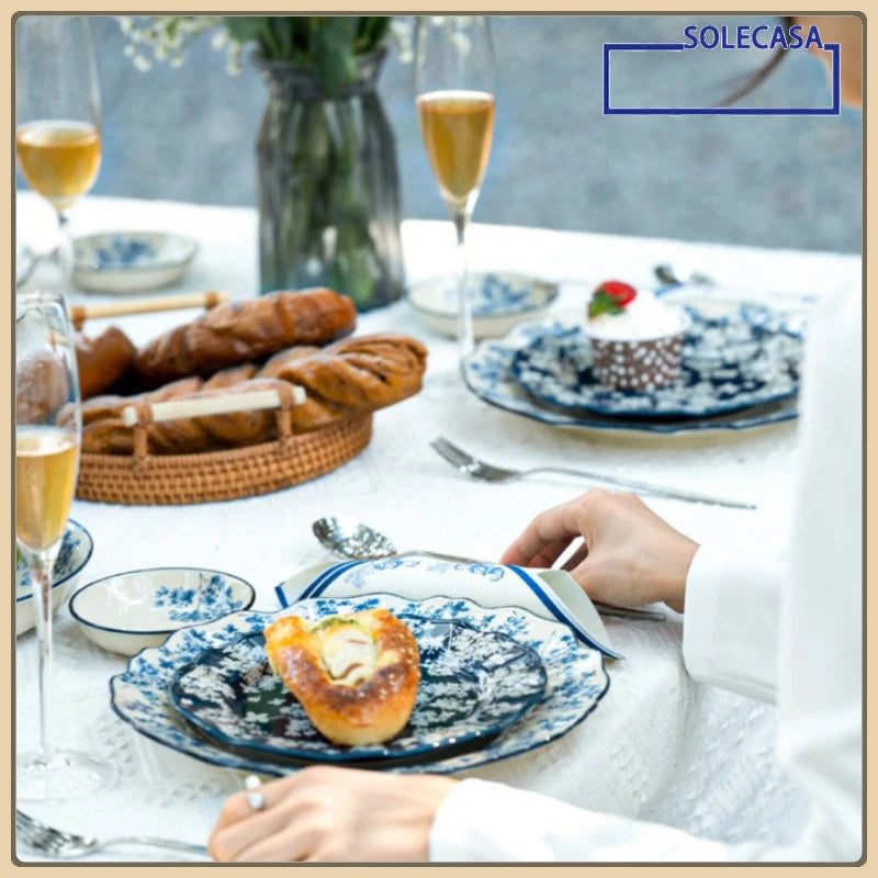 SOLECASA English Retro Ceramic Tableware Blue Flowers Pattern Household Salad Bowls Steak Plate Fruit Dessert Plates Dinnerware.