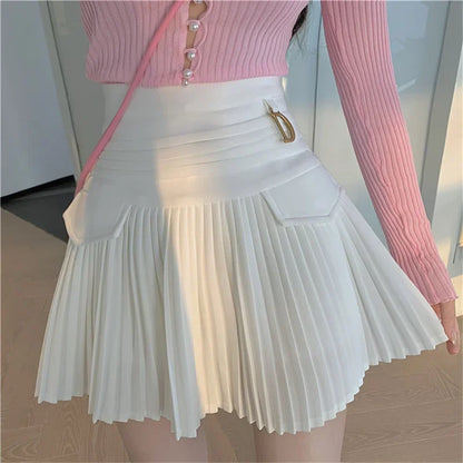 White Pleated Skirt Women  High Waist Skater Skirt Female Korean A-Line High Fashion Casual Short Skirt Women Bottoms.