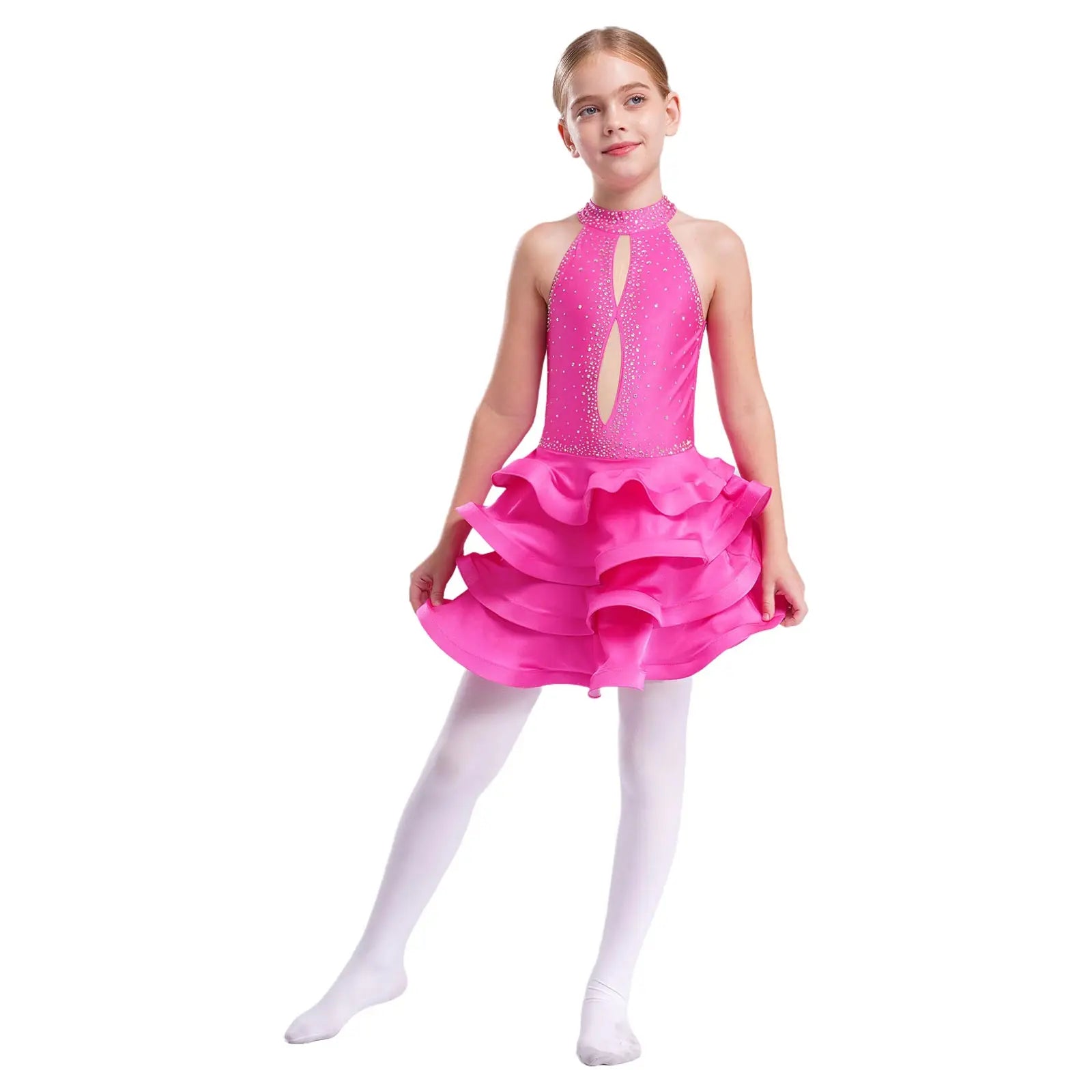 Eiskunstlauf-Kostüm für Teenager-Mädchen, lateinamerikanischer Tanz, Cha-Cha, Tango, Performance-Tanzbekleidung, ärmelloses, gestuftes Kleid mit Strasssteinen.