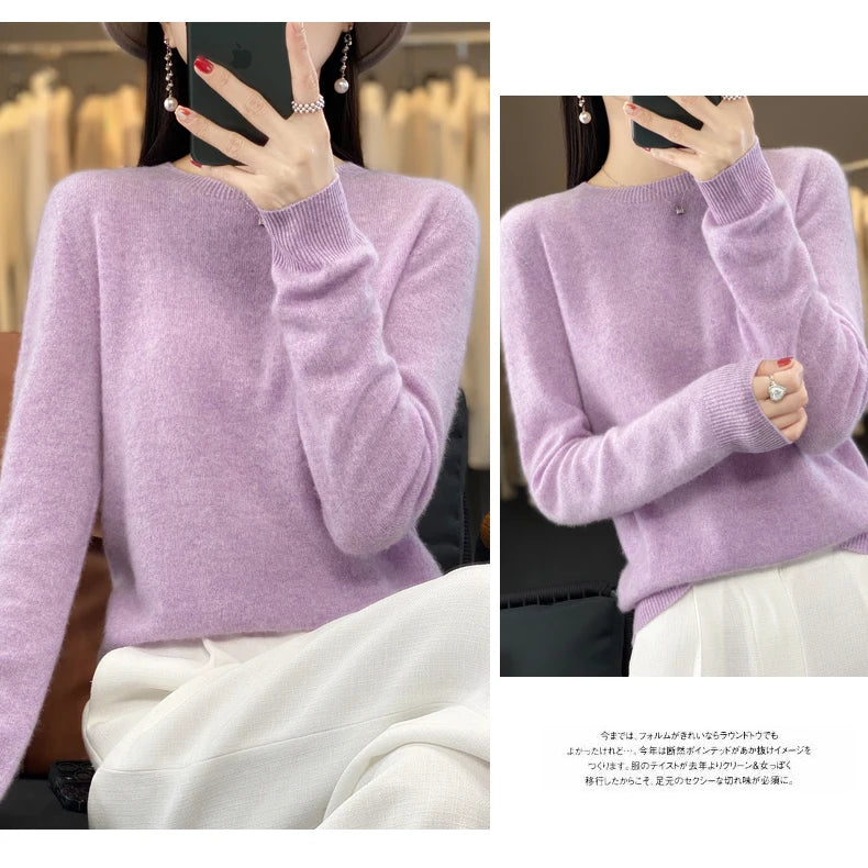 100% Merino Wool Sweater Women O-neck Cashmere Knitwear Female Pullover Autumn Winter Casual Tops Solid Color Soft  Clothing