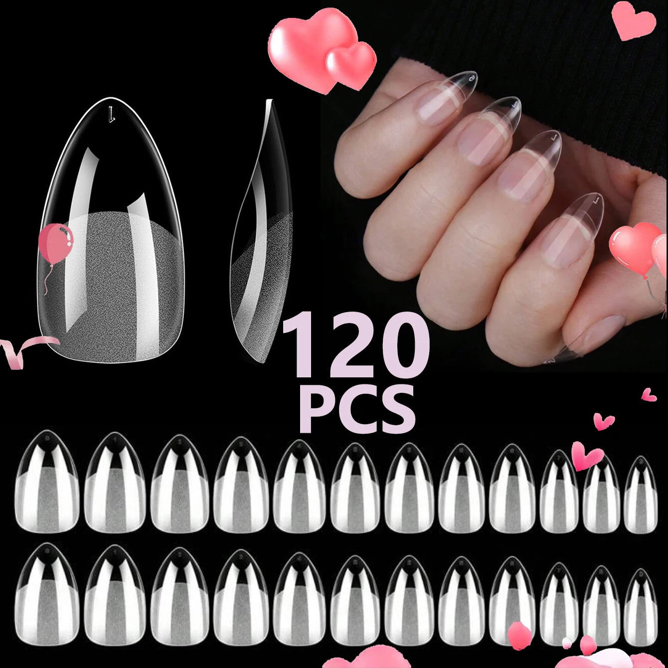 120PCS- Semi-frosted short almond clear fake nails, whitening nail art set with removable fake nails for festivals, parties, dat