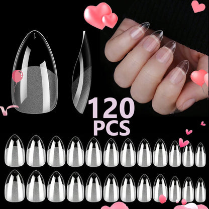 120PCS- Semi-frosted short almond clear fake nails, whitening nail art set with removable fake nails for festivals, parties, dat