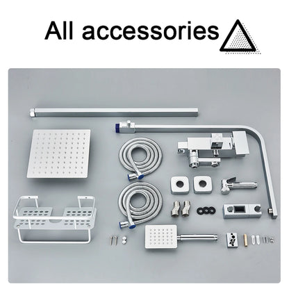 Rainfall Bathroom Shower Faucet Kit With Bidet Wall Mounted Stainless Steel Hot Cold Water Mixer Tap System With Rack,Tub Spout