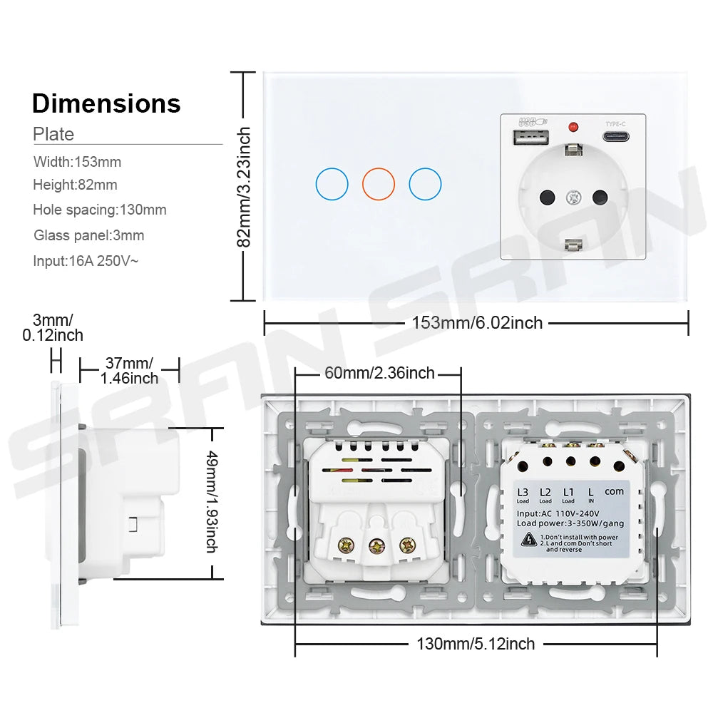 SRAN Smart Switch mit Wandsteckdose 16A EU, Tuya Smart Life Home Touch Sensor WiFi Lichtschalter Weiß.