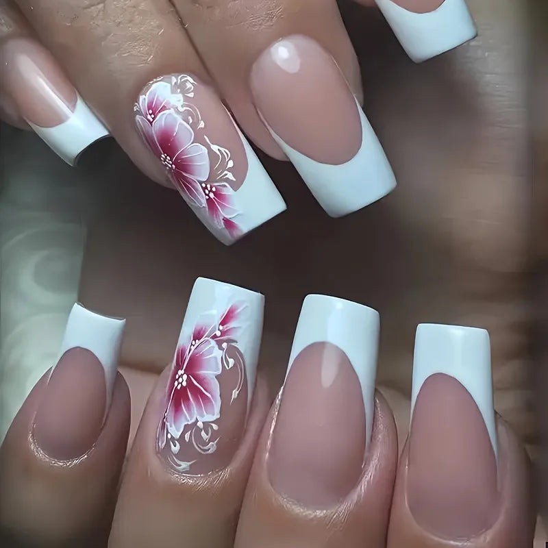 Mid-length Coffin Fake Nails 24Pcs White French Tip Ballerina Press On Nail Pink/White Flower Printed Spring/Summer DIY Manicure.