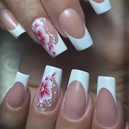 Mid-length Coffin Fake Nails 24Pcs White French Tip Ballerina Press On Nail Pink/White Flower Printed Spring/Summer DIY Manicure.
