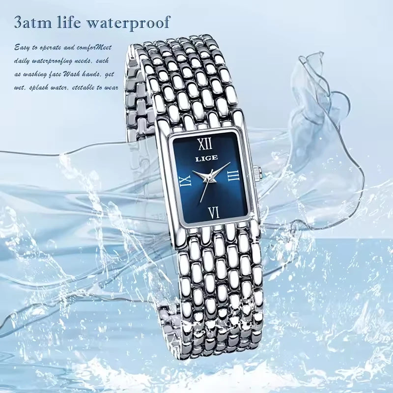 LIGE Silver Watch for Women Square Ladies Quartz Wristwatches Stainless Steel Women Small Gold Watch Luxury Casual Fashion Watch.