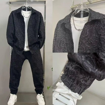 New Spring and Autumn Men's Casual Suit Lapel Jacquard Shirt Trousers Two-piece Set Comfortable Loose