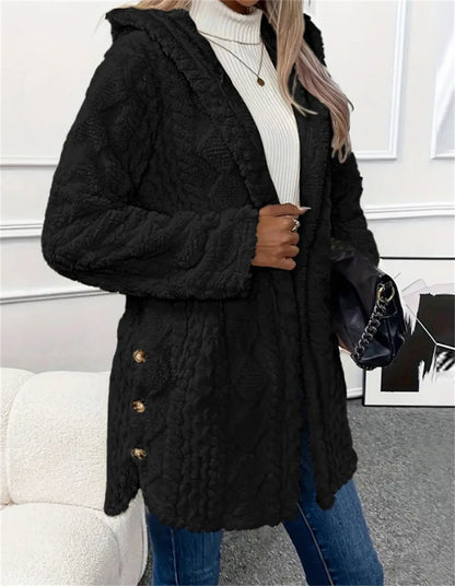 Women Cardigan Hoodie Jacket Autumn Winter Argyle Textured Pattern Hooded Irregular Hem Buttons Fleece Oversized Outerwear Coat.