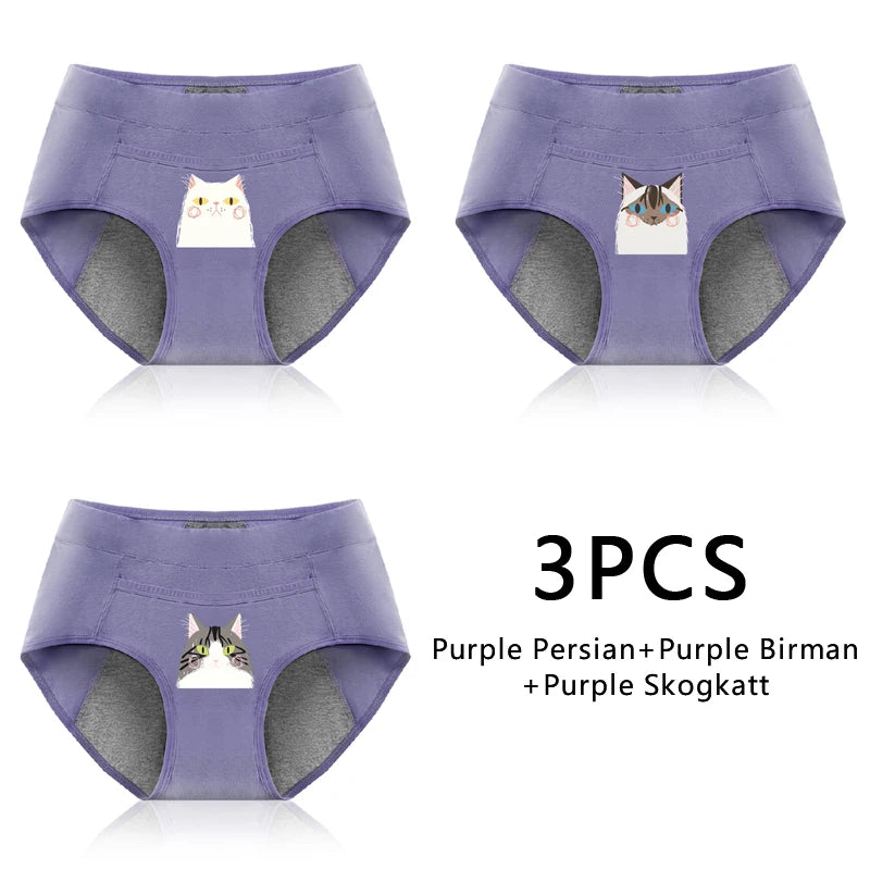 3PCS Cotton Menstrual Panties Leak Proof Breathable Cartoon cat Panties Woman Women Girls Physiological Pants Women's Intimates