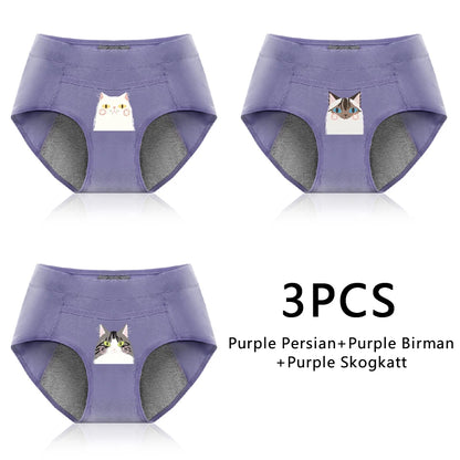 3PCS Cotton Menstrual Panties Leak Proof Breathable Cartoon cat Panties Woman Women Girls Physiological Pants Women's Intimates