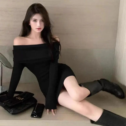 Schwarz Off Schulter Mini Kleider Elegante Langarm Mode Schlank Sexy Frauen Herbst Winter Kleidung Dünne Pullover Kleid Bodycon.