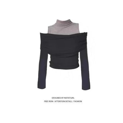 Retro American Shoulder Bared Long Sleeve T Shirt Women Spring Autumn Spicy Girl Fake Two Piece Base Shirt High Collar Polyester.