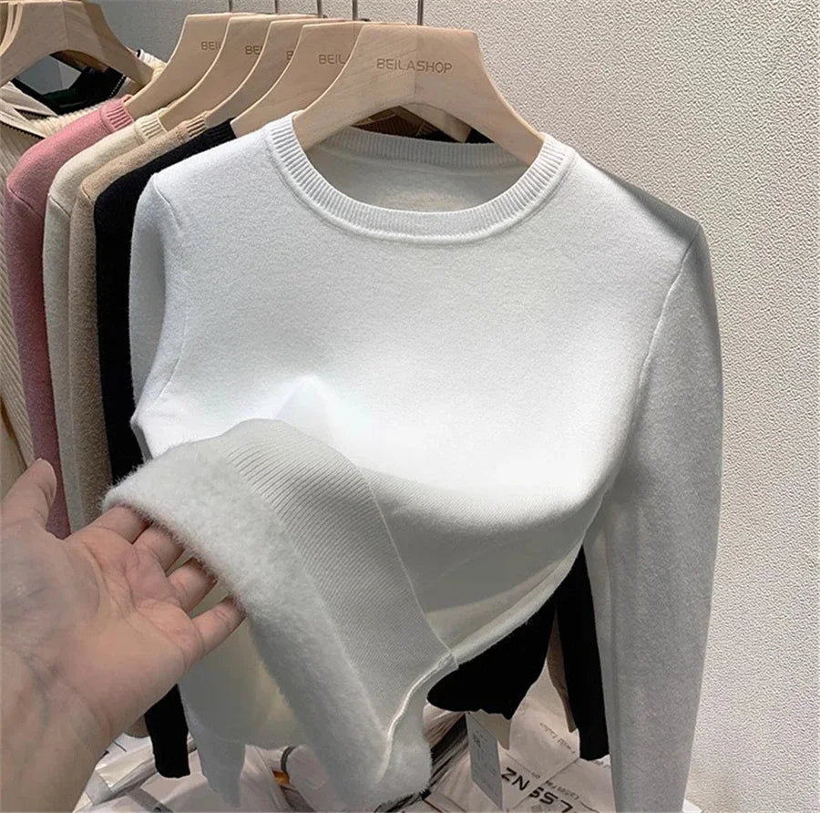 Rosa Pullover Frauen Winter Dicke Warme Stricken Pullover Schlank Plüsch Samt Gefüttert Strickwaren Jumper Langarm Tops Oansatz Poleras Mujer