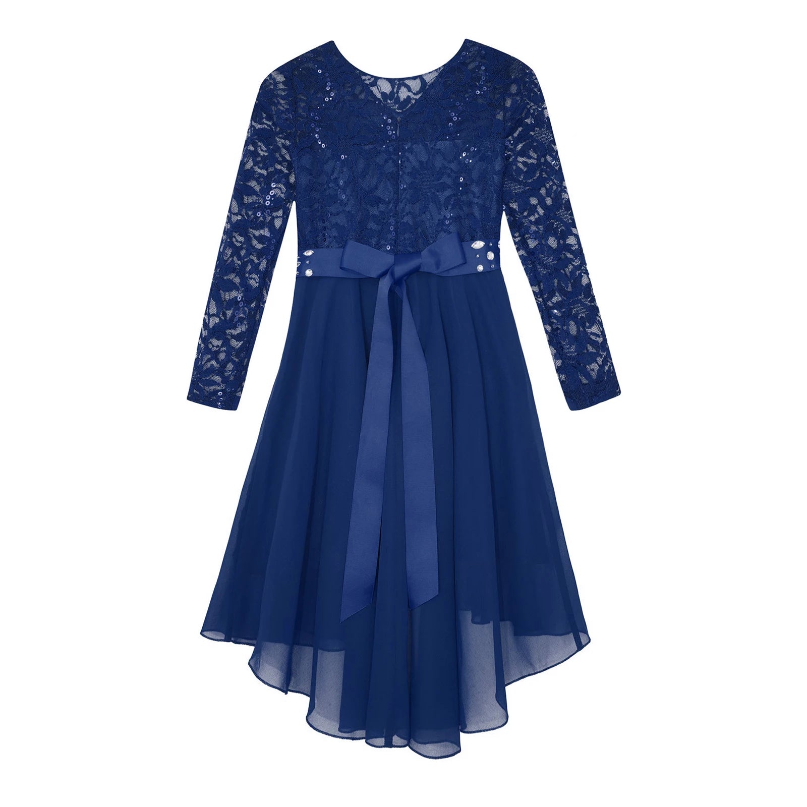 Elegantes Spitzen-Partykleid für Kinder, Mädchen, Chiffon, Spleißen, langärmelig, Kleid mit hohem und niedrigem Saum und Strass-Schärpe für Hochzeit, Geburtstag.