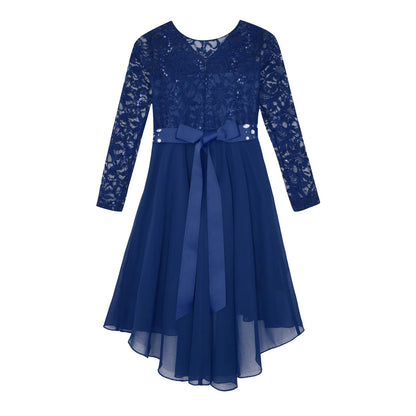Elegantes Spitzen-Partykleid für Kinder, Mädchen, Chiffon, Spleißen, langärmelig, Kleid mit hohem und niedrigem Saum und Strass-Schärpe für Hochzeit, Geburtstag.