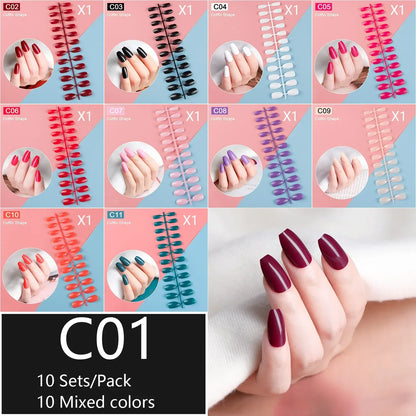 10 Sets/Pack Mixed Solid Colors Coffin Round Square Almond Shape False Nails Full Cover Nail Tips Short Fake Nails Tip Manicure