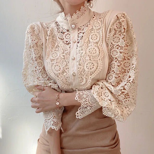 Fashion Long Sleeve Women Blouse Hollow Out Lace Blouse Shirt Tops Women Blusas Mujer De Moda 2024 Blouses Femme Women Shirts.