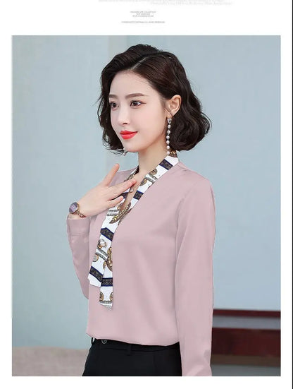 Women's fashionable streamer tops fashionable and elegant small fragrance style covering the belly satin shirt.