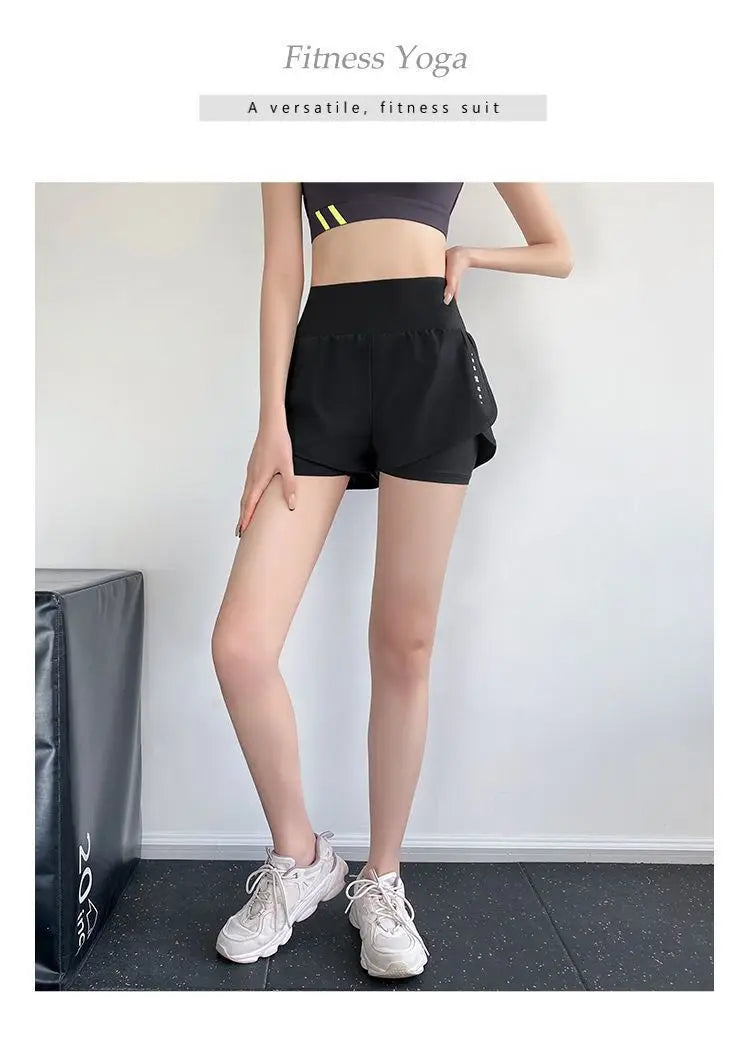 Women Yoga Pocket Shorts Fake Two Piece Anti Peek Shorts High Elastic Loose Fashion Casual Gym Trainning Three Point Pants.