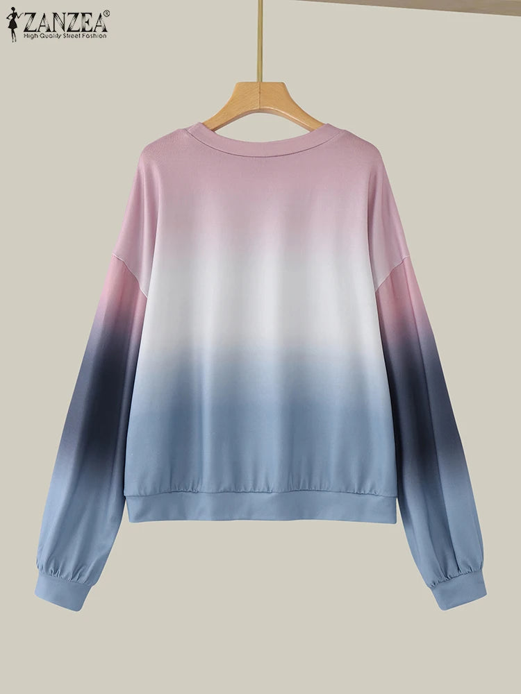 ZANZEA Plus Size Sweatshirts Women Long Sleeve Autumn Fashion Hoodies Gradient Color Round Neck Causal Loose Pullovers 2025 5XL.