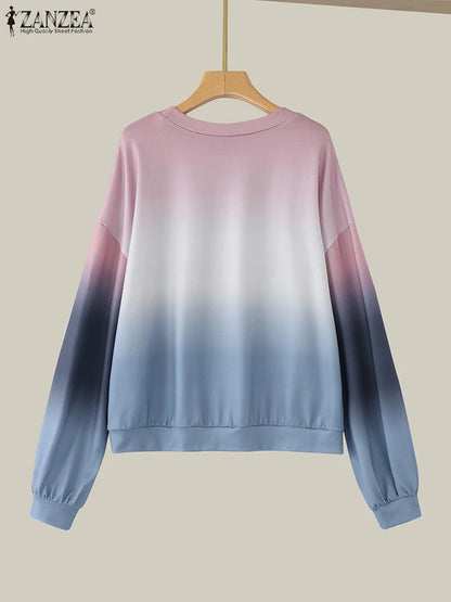 ZANZEA Plus Size Sweatshirts Women Long Sleeve Autumn Fashion Hoodies Gradient Color Round Neck Causal Loose Pullovers 2025 5XL.