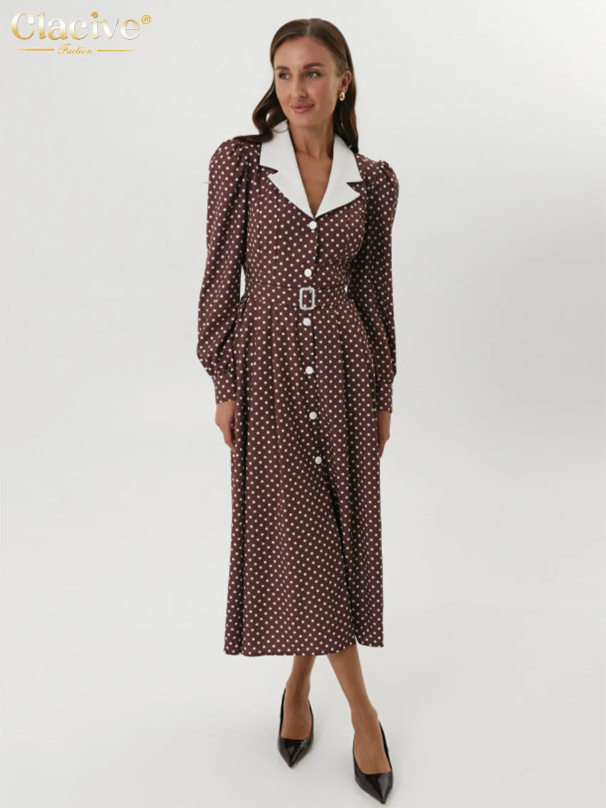 Clacive Mode Lose Druck Frauen Kleid 2025, Casual Revers Langarm Büro Dame Midi Kleider Elegante Klassische Gürtel Weibliche Kleid.